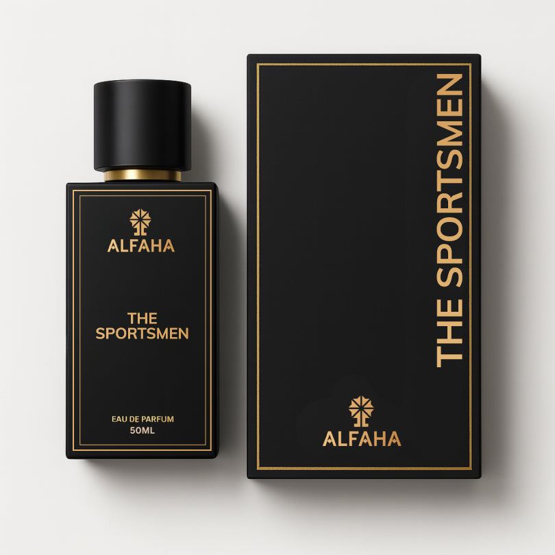 The Sportsmen by ALFAHA – 50ml men’s perfume bottle and box, fresh aromatic Eau de Parfum on white background