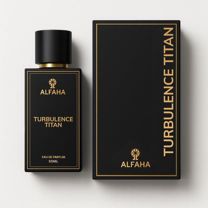 Turbulence Titan by ALFAHA – 50ml men’s perfume bottle and box, fresh spicy Eau de Parfum on white background