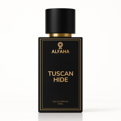 Tuscan Hide by ALFAHA – 50ml men’s perfume bottle, leathery woody Eau de Parfum on white background