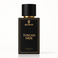Tuscan Hide by ALFAHA – 50ml men’s perfume bottle, leathery woody Eau de Parfum on white background