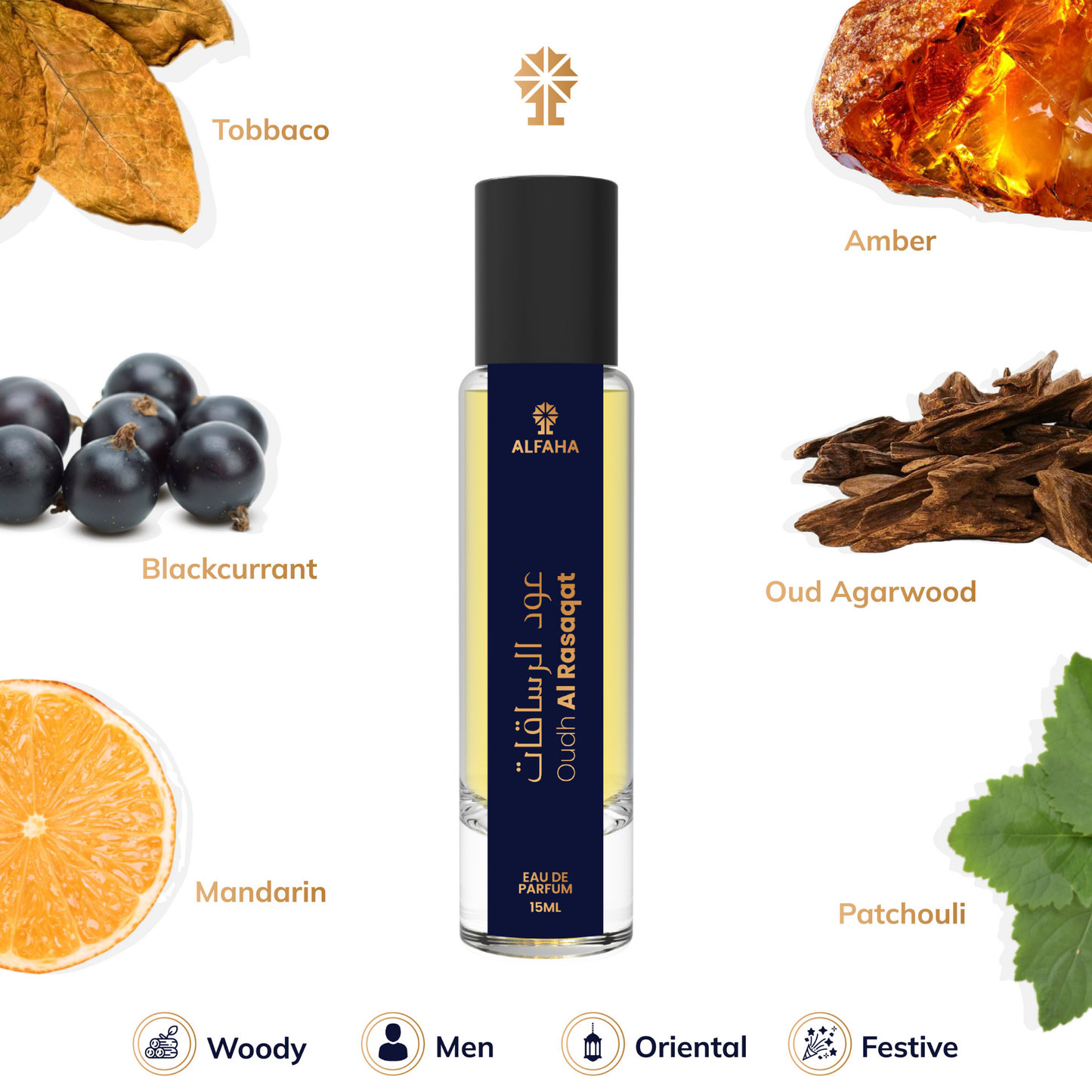 Oudh Al Rasaqat fragrance profile – opening with citrus and Artemisia, transitioning into Freesia, Patchouli, and Tobacco, and settling on Oudh, Amber, and Musk.